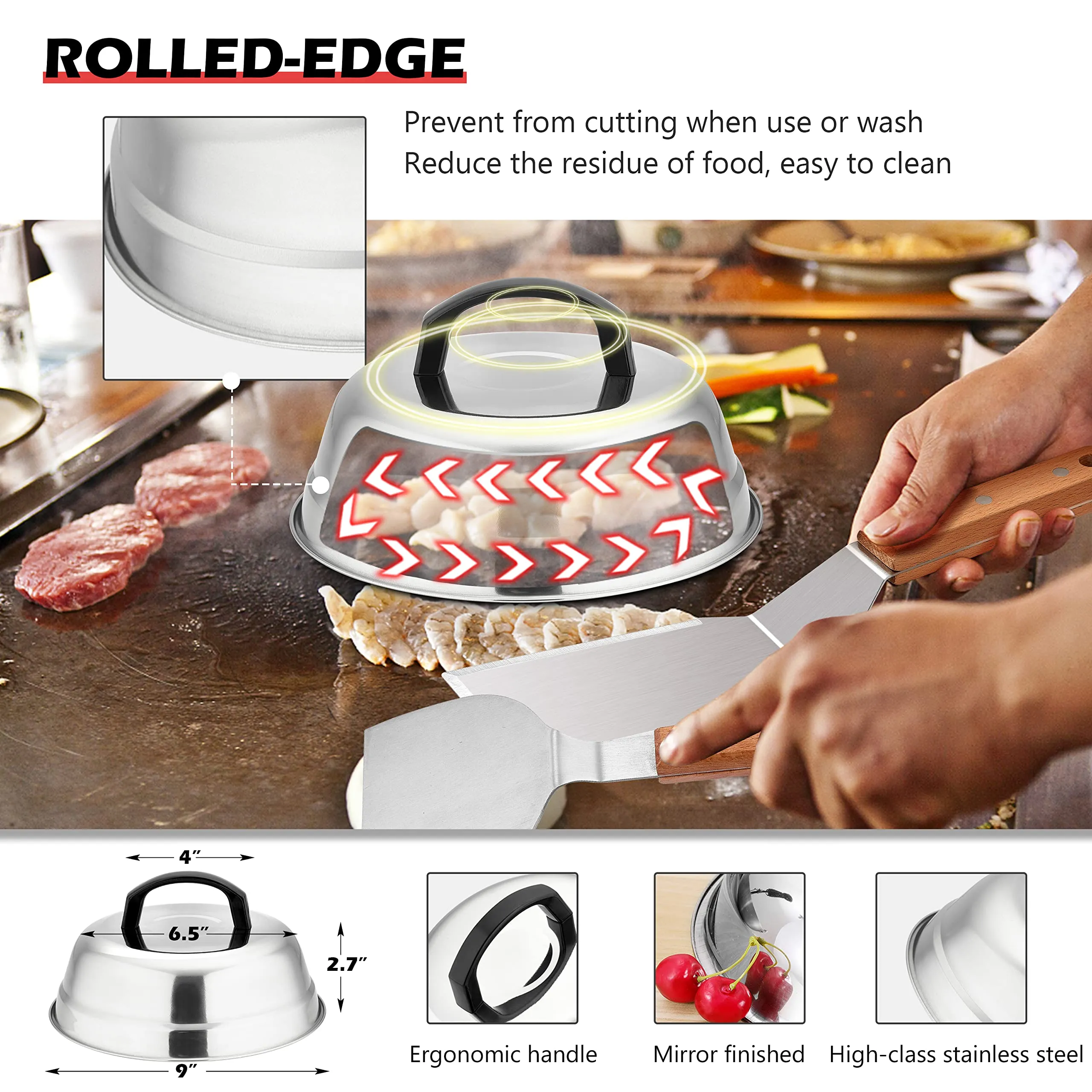 24Pcs Griddle Accessories Kit, HaSteeL Stainless Steel Spatula Tools for Teppanyaki Flat Top, Complete Metal Spatulas, Melting Domes, Burger Press for Outdoor BBQ Camping, Heavy Duty & Wooden Handle