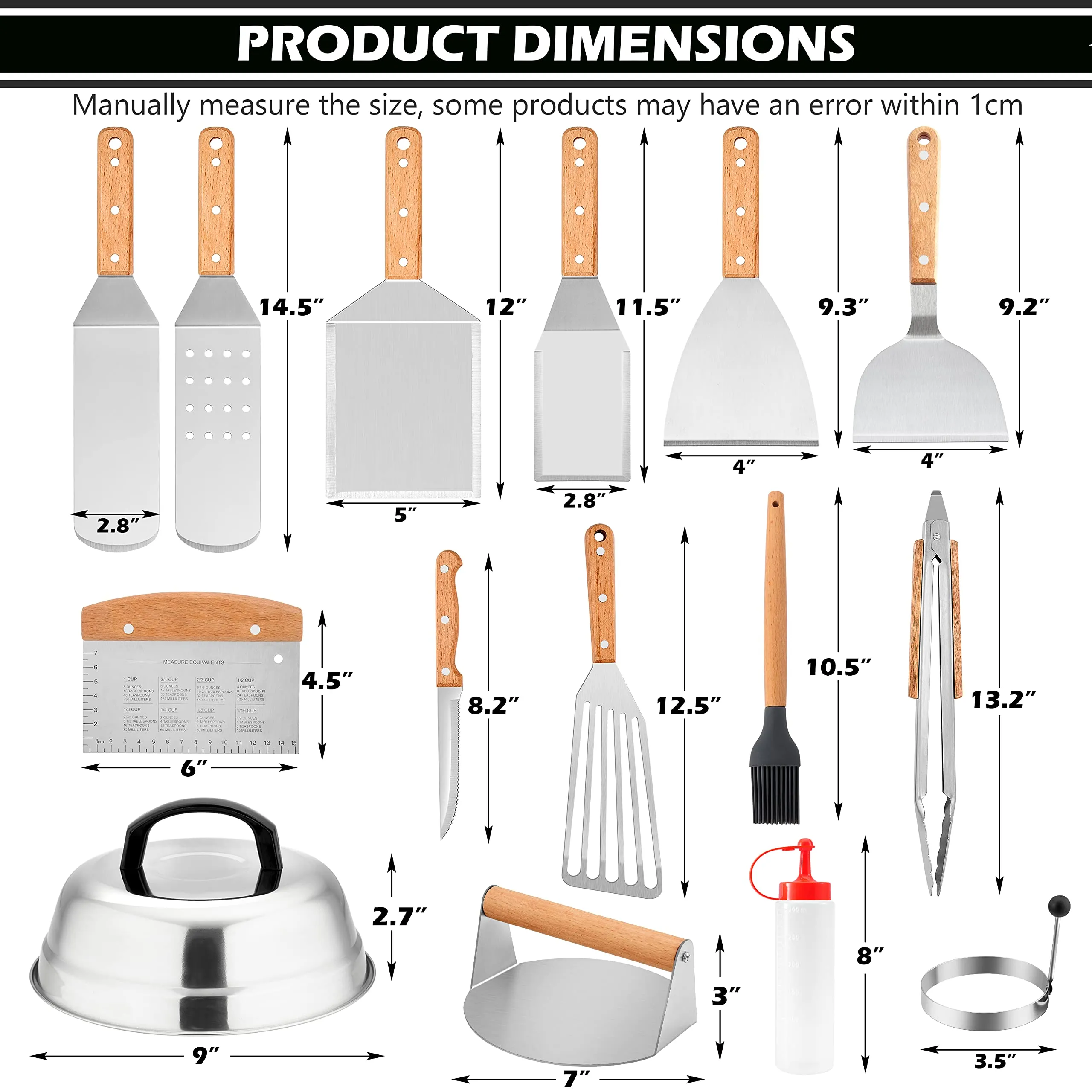 24Pcs Griddle Accessories Kit, HaSteeL Stainless Steel Spatula Tools for Teppanyaki Flat Top, Complete Metal Spatulas, Melting Domes, Burger Press for Outdoor BBQ Camping, Heavy Duty & Wooden Handle