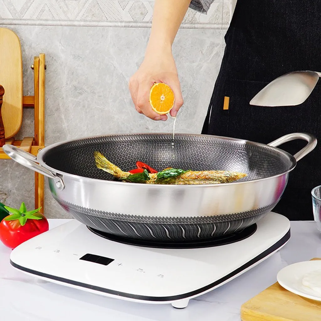 316 Stainless Steel 38cm Double Ear Non-Stick Stir Fry Wok Pan | Honeycomb Double Sided | Without Lid