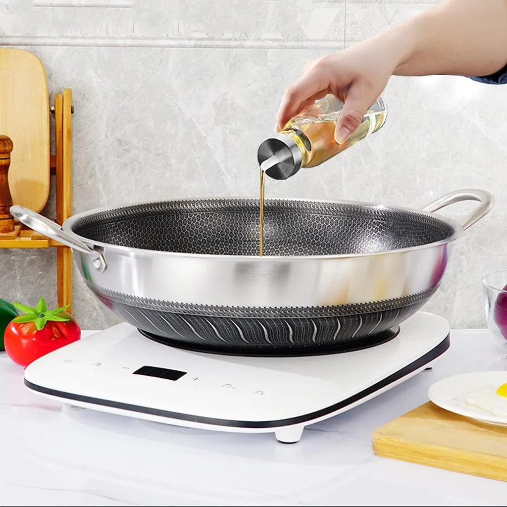 316 Stainless Steel 38cm Double Ear Non-Stick Stir Fry Wok Pan | Honeycomb Double Sided | Without Lid