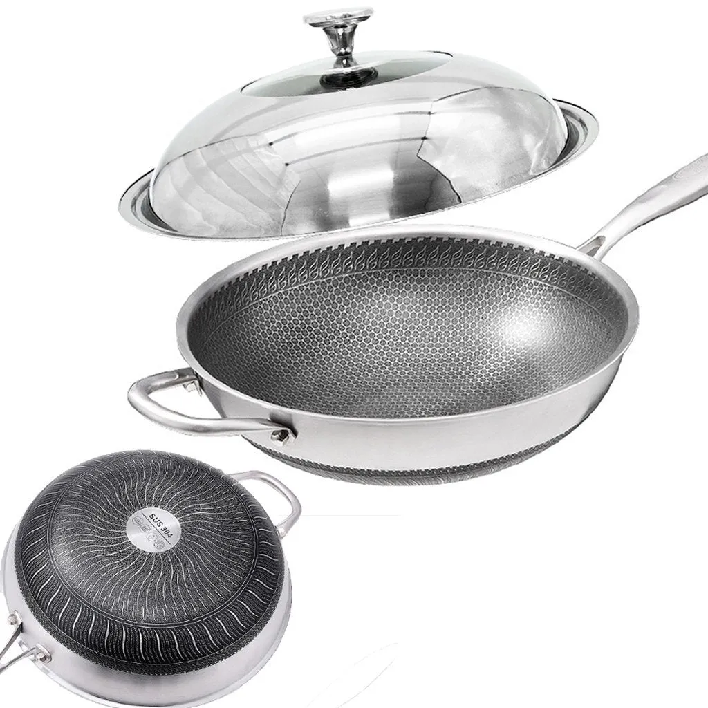 32cm 304 Stainless Steel Non-Stick Stir Fry Cooking Kitchen Honeycomb Wok Pan with Lid