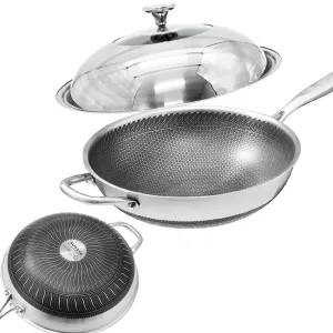 32cm 316 Stainless Steel Non-Stick Stir Fry Wok Pan | Honeycomb Double Sided | With Lid