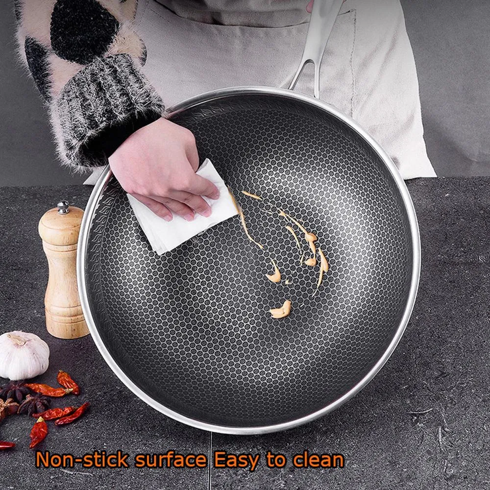 32cm 316 Stainless Steel Non-Stick Stir Fry Wok Pan | Honeycomb Double Sided | With Lid