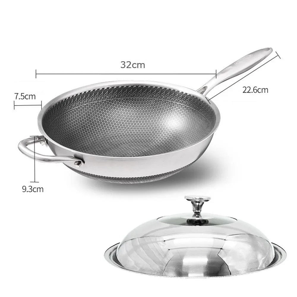 32cm 316 Stainless Steel Non-Stick Stir Fry Wok Pan | Honeycomb Double Sided | With Lid