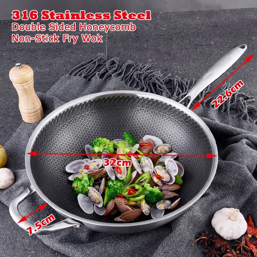 32cm 316 Stainless Steel Non-Stick Stir Fry Wok Pan | Honeycomb Double Sided | With Lid
