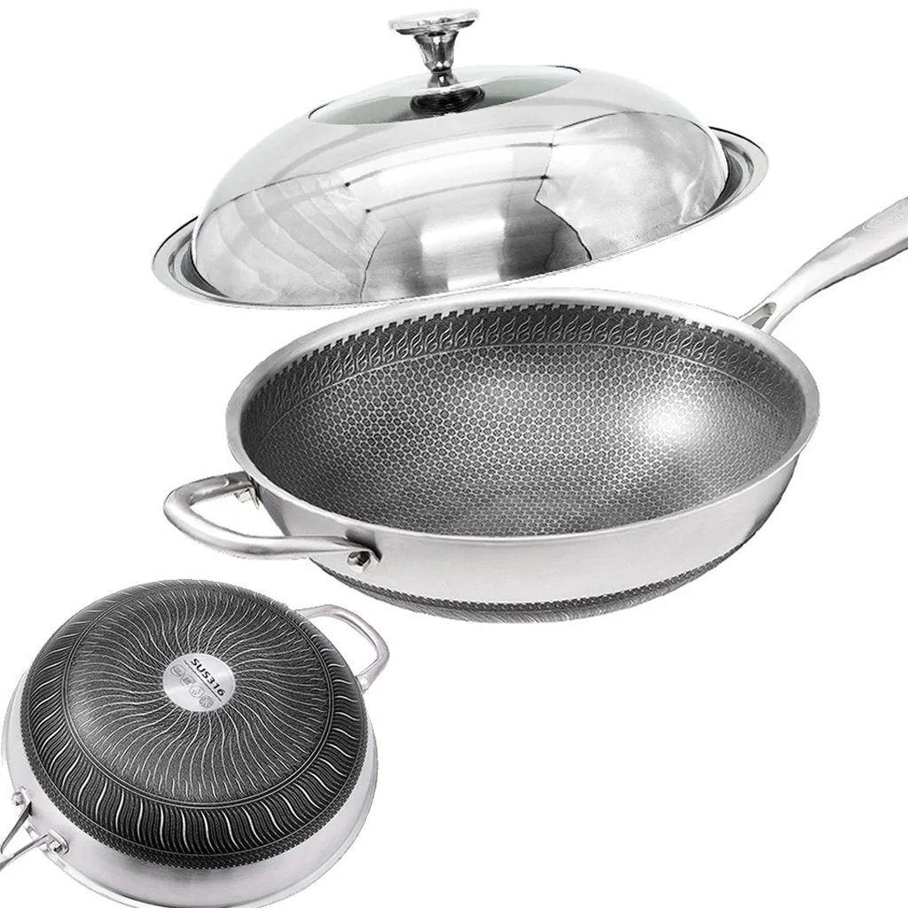 32cm 316 Stainless Steel Non-Stick Stir Fry Wok Pan | Honeycomb Double Sided | With Lid