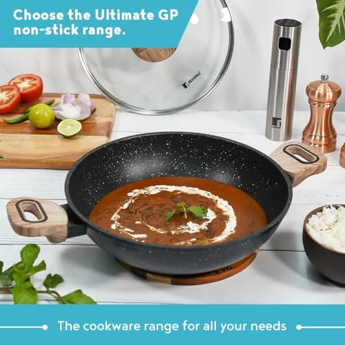 BERGNER Ultimate Forged NonStick 24 cm Kadai with Glass Lid, 2 L Capacity, Sauté/Curries/Deep Fry/Stir Fry/Searing/Reheat, Wood Finish Handle, Granite Finish, Induction & Gas Ready, 2-Year Warranty