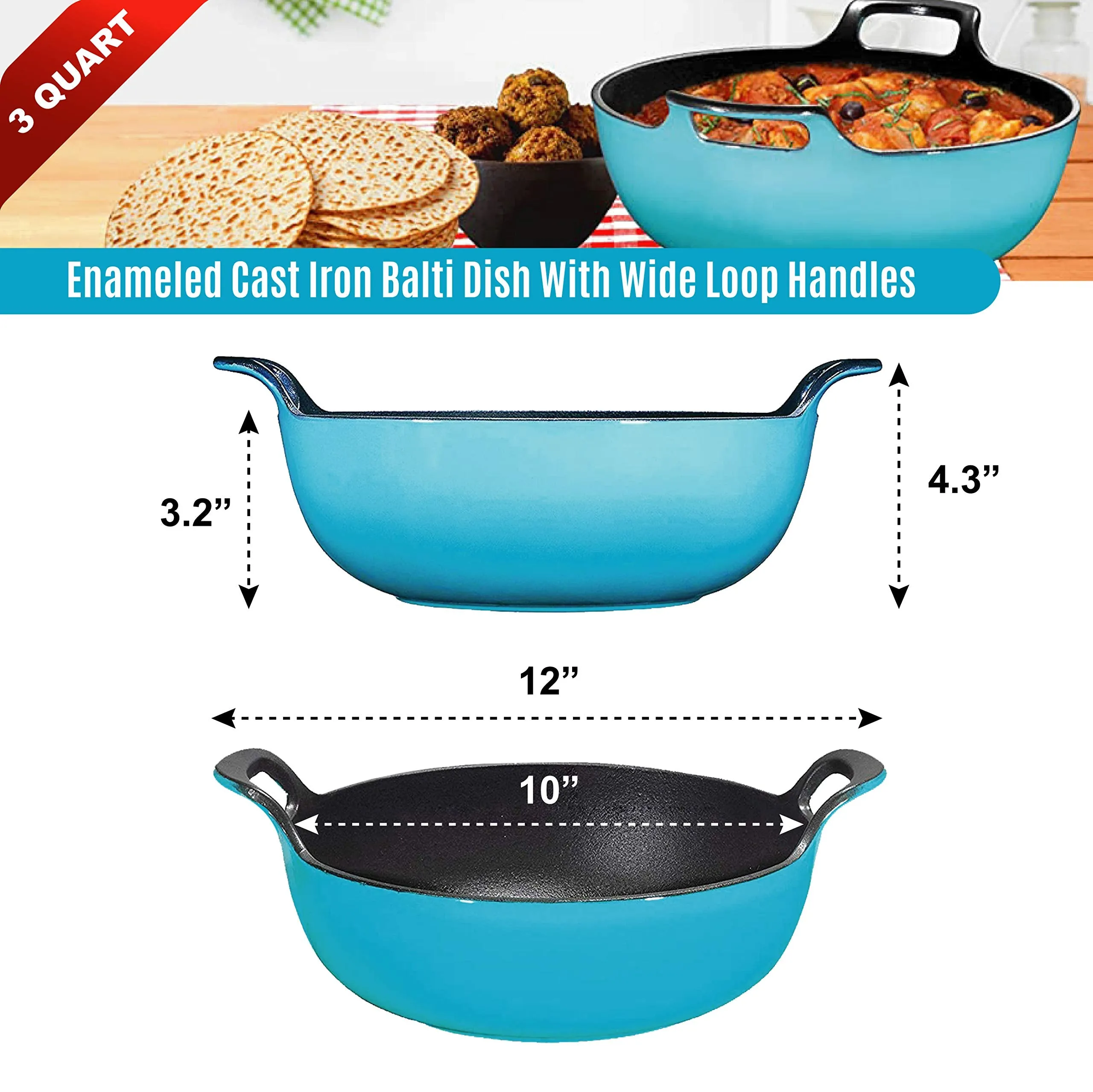 Enameled Cast Iron Balti Dish With Wide Loop Handles, 3 Quart, Turquoise