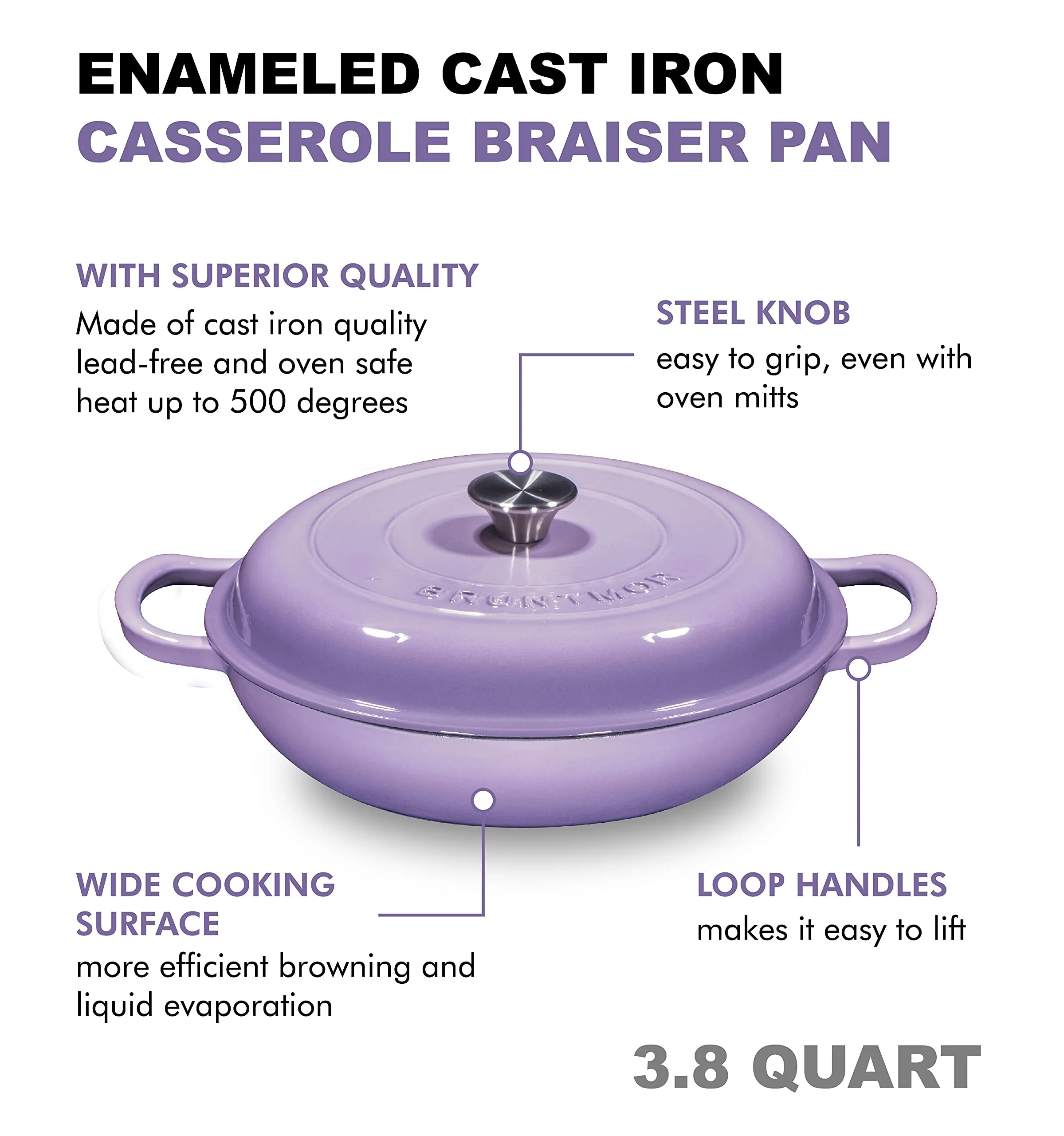 Enameled Cast Iron Casserole Braiser - Pan with Cover, 3.8-Quart