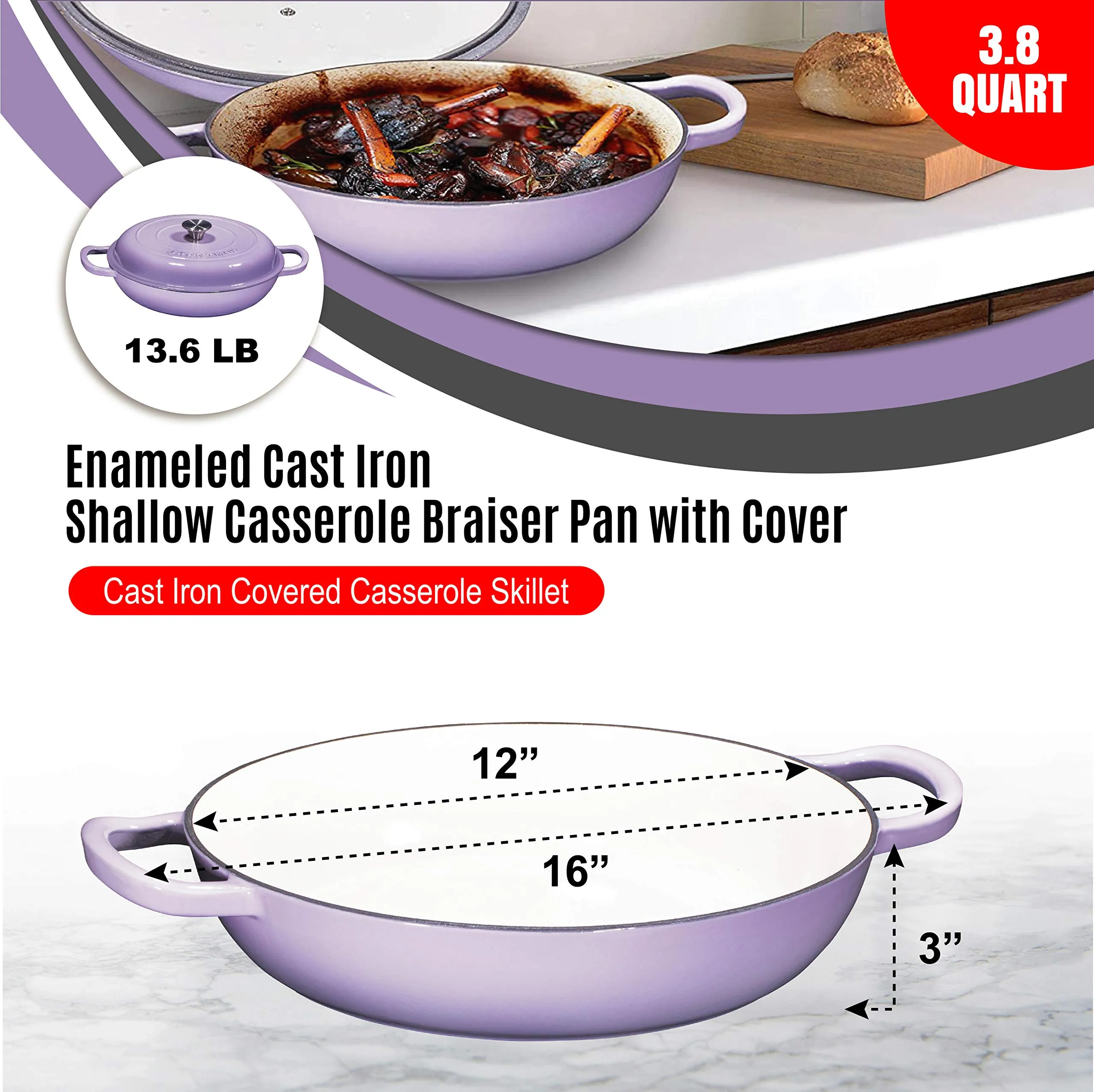 Enameled Cast Iron Casserole Braiser - Pan with Cover, 3.8-Quart