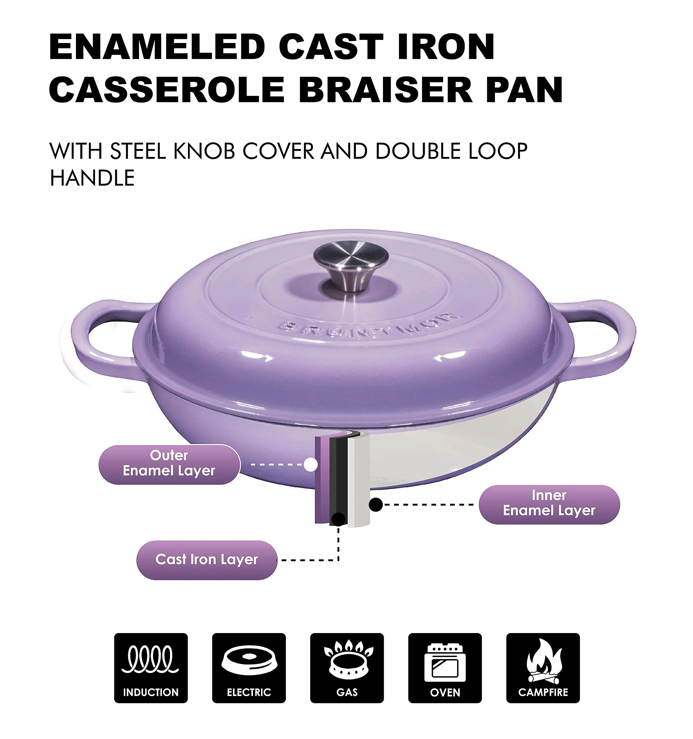 Enameled Cast Iron Casserole Braiser - Pan with Cover, 3.8-Quart