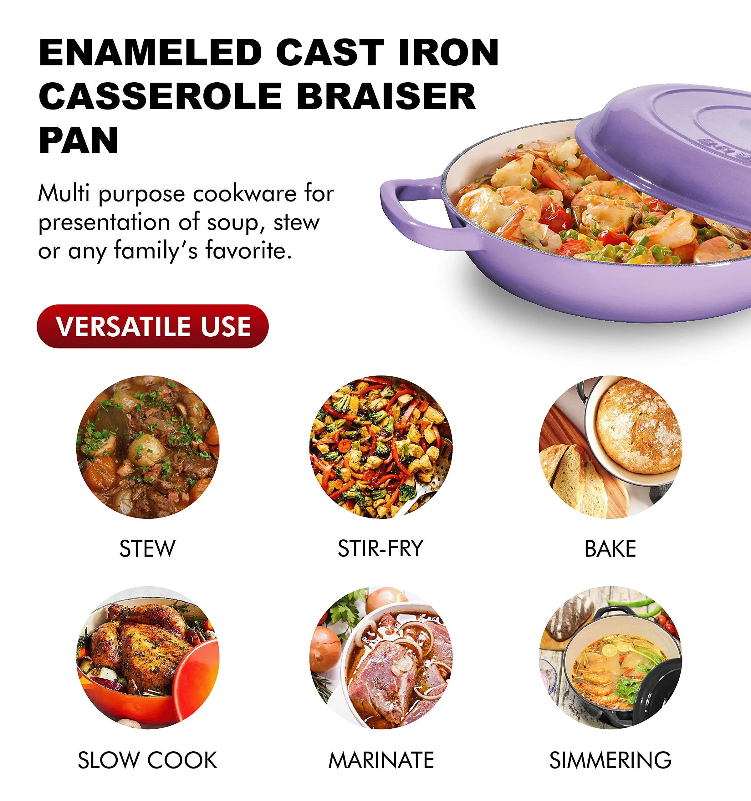 Enameled Cast Iron Casserole Braiser - Pan with Cover, 3.8-Quart
