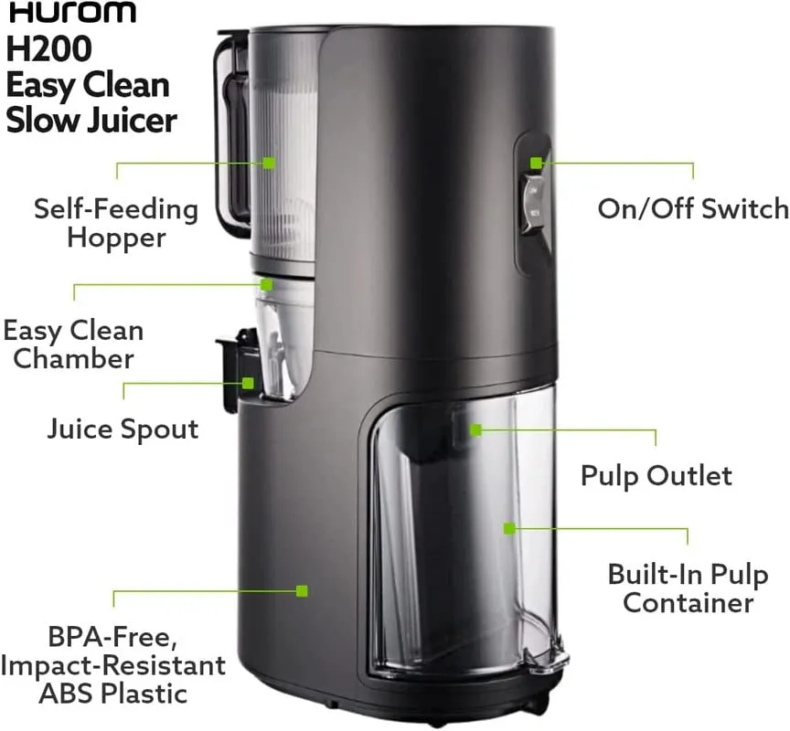 Hurom H-200 Easy Clean Electronic Juicer Machine (Black) - Self Feeding Slow Juicer with Big Mouth Hopper to Fit Whole Fruits & Vegetables