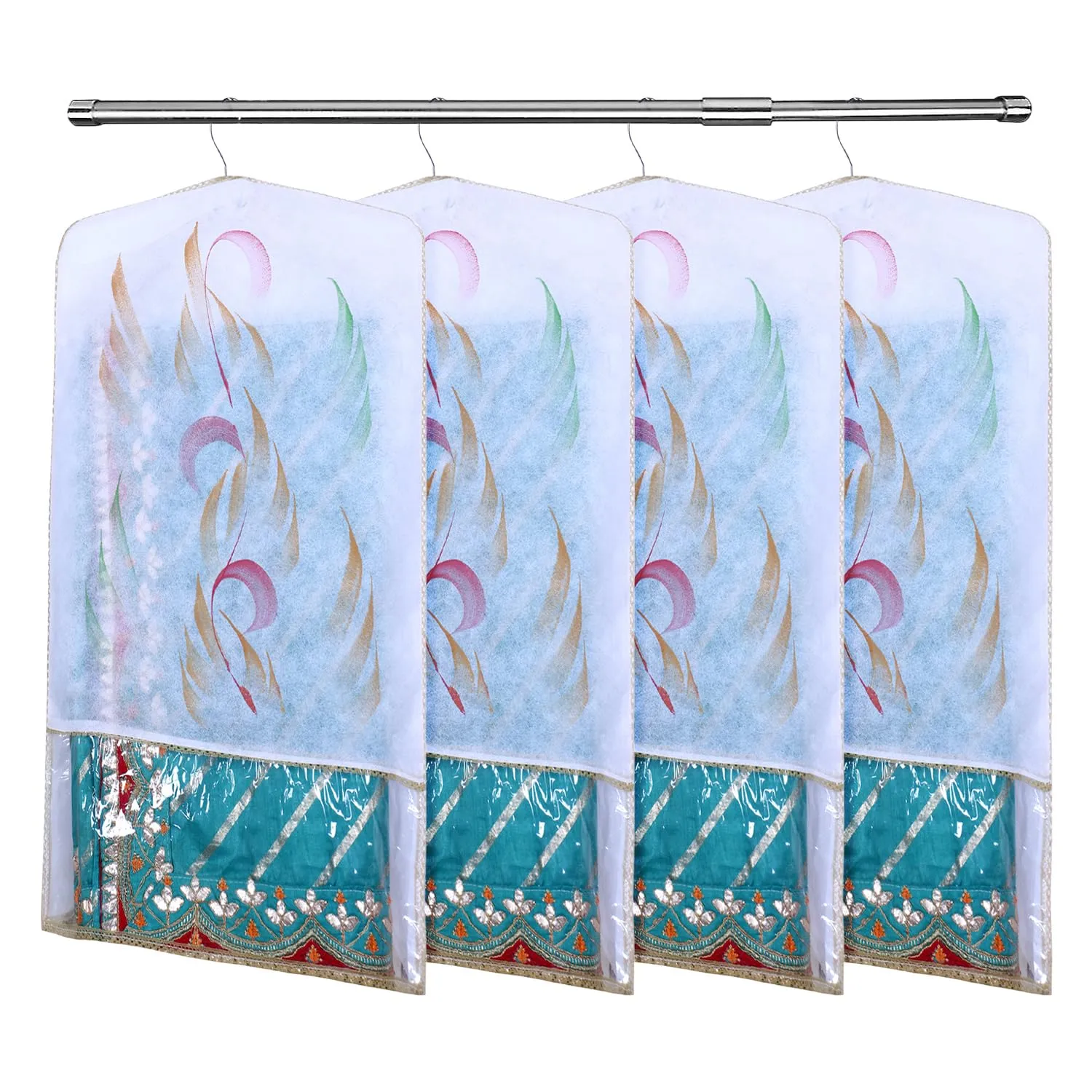 Kuber Industries Hanging Saree Cover | Brush Painting Pattern Saree Cover | Non-Woven Saree Covers for Home | Saree Cover with Small Transparent view | Pack of 12 | Golden