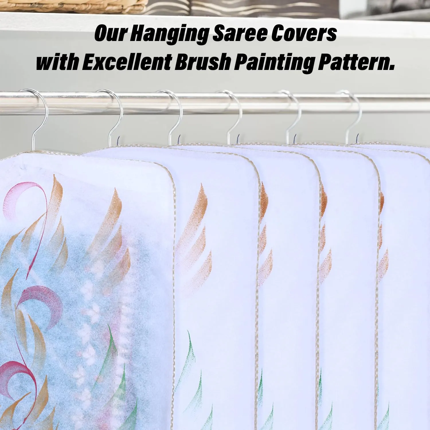 Kuber Industries Hanging Saree Cover | Brush Painting Pattern Saree Cover | Non-Woven Saree Covers for Home | Saree Cover with Small Transparent view | Pack of 12 | Golden