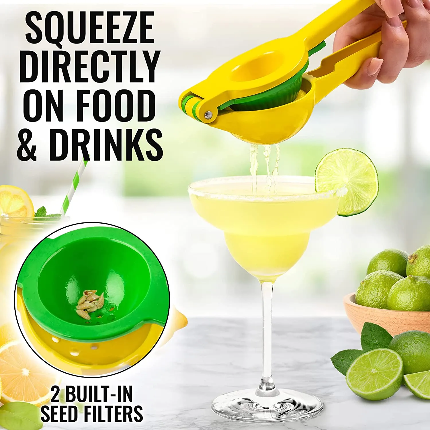 Lemon Lime Squeezer - Manual Press Citrus Juicer For Squeeze Freshest Juice - Yellow   Green