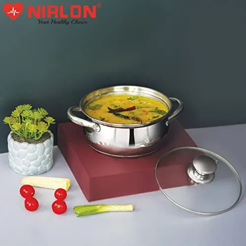 NIRLON Stainless Steel Induction & Gas Compatible Sandwich Bottom Casserole with Glass Lid/Belly Cass, Silver, 16 Cm (2 litres)