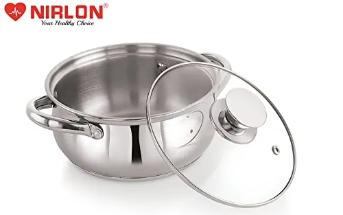 NIRLON Stainless Steel Induction & Gas Compatible Sandwich Bottom Casserole with Glass Lid/Belly Cass, Silver, 16 Cm (2 litres)