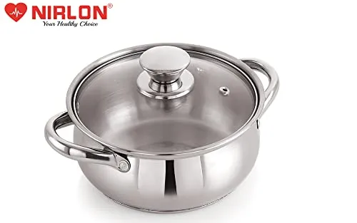NIRLON Stainless Steel Induction & Gas Compatible Sandwich Bottom Casserole with Glass Lid/Belly Cass, Silver, 16 Cm (2 litres)