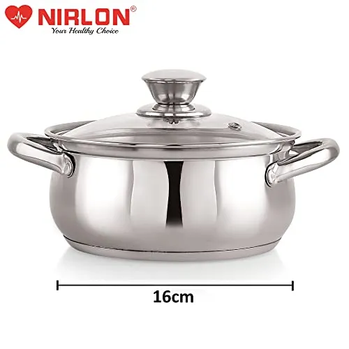 NIRLON Stainless Steel Induction & Gas Compatible Sandwich Bottom Casserole with Glass Lid/Belly Cass, Silver, 16 Cm (2 litres)
