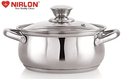 NIRLON Stainless Steel Induction & Gas Compatible Sandwich Bottom Casserole with Glass Lid/Belly Cass, Silver, 16 Cm (2 litres)