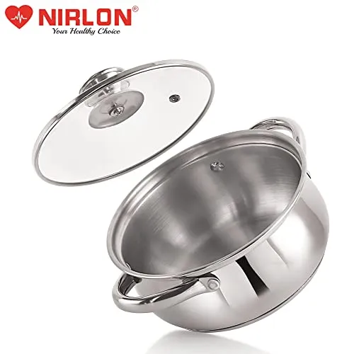 NIRLON Stainless Steel Induction & Gas Compatible Sandwich Bottom Casserole with Glass Lid/Belly Cass, Silver, 16 Cm (2 litres)
