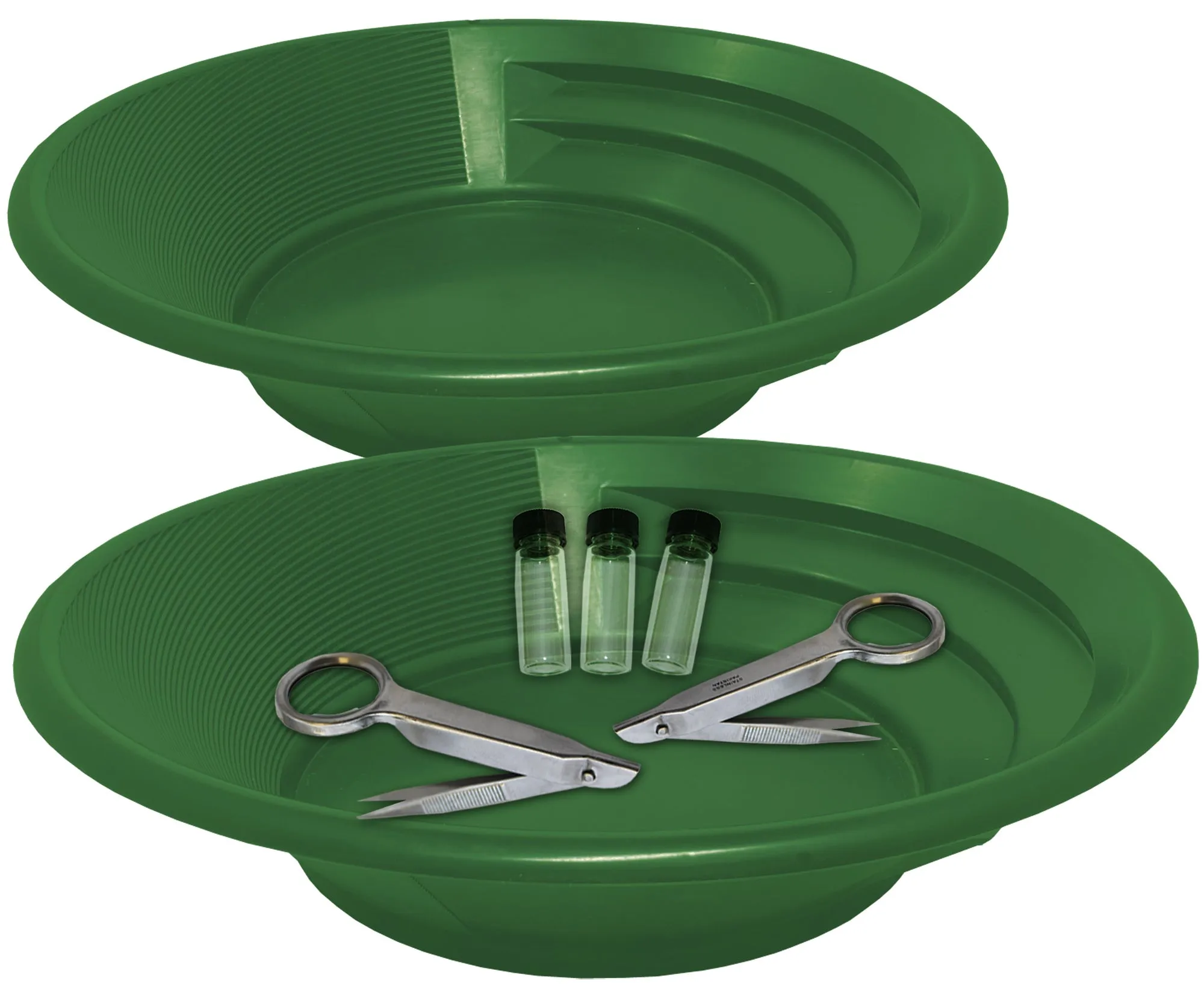 Two gold panning kits; Two gold pans with gold trap and dual riffles, two stainless steel magnifying tweezers, and three glass gold storage vials