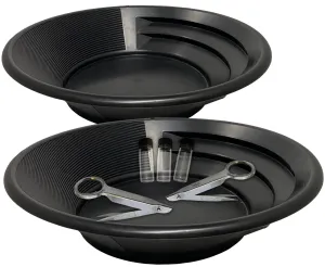 Two gold panning kits; Two gold pans with gold trap and dual riffles, two stainless steel magnifying tweezers, and three glass gold storage vials